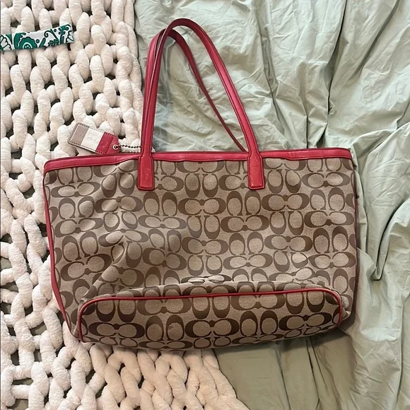 Coach Brown and Red Signature Tote - Picture 1 of 3